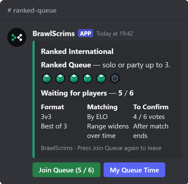 The queue panel in Discord: Ranked International, 5 of 6 players waiting, with Join Queue and My Queue Time buttons.